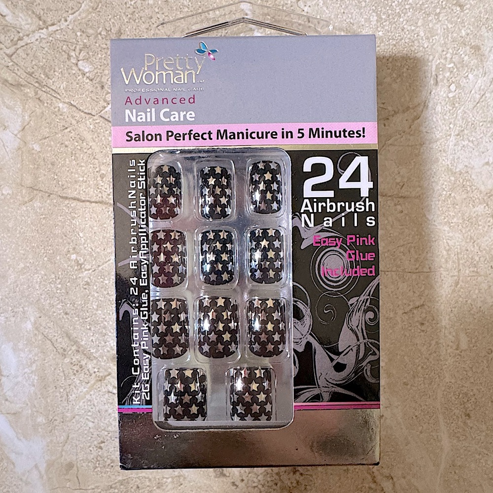 Pretty Woman Black & Metallic Silver Stars 24 Airbrush Press On Star Nails NEW